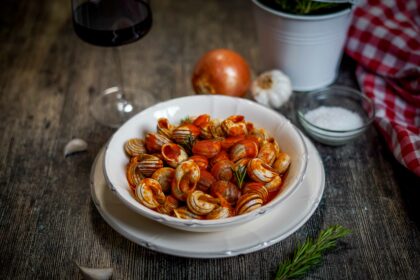 nel piatto bianco lumache al sugo sul tavolo calice divino rosso una cipolla aglio e strofinaccio
