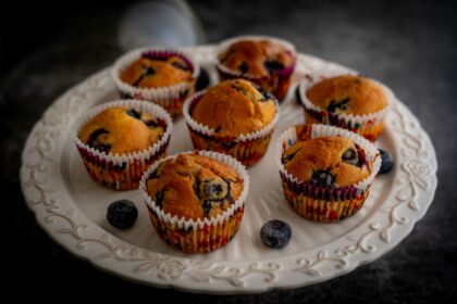 alzatina per dolci con muffin sopra e qualche mirtillo sparso